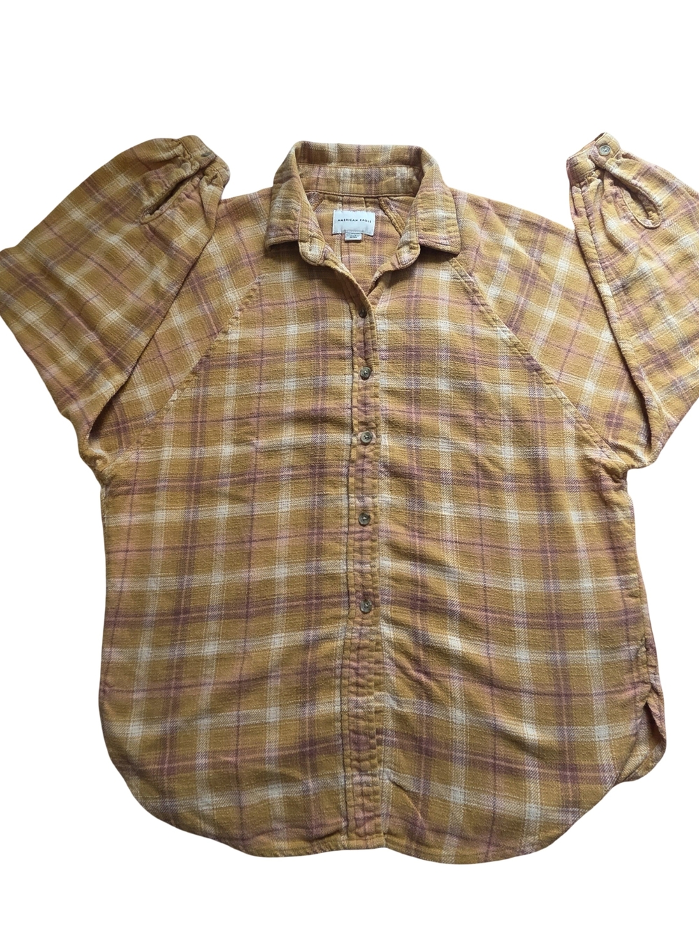 American Eagle Outfitters Mustard and Pink Plaid Button-Down Shirt